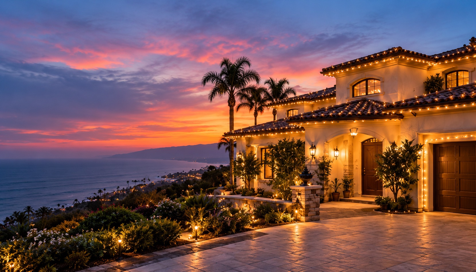 A home's exterior rooflines illuminated with Christmas lights
