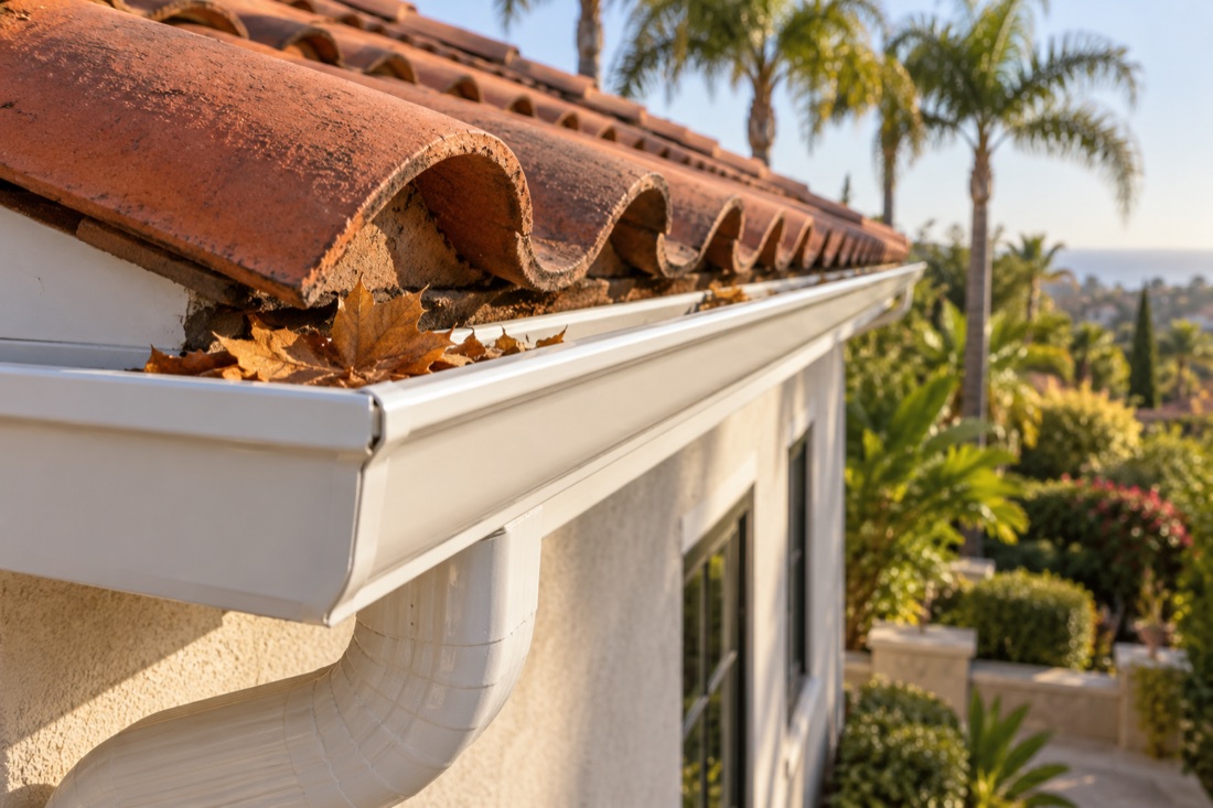 Leaves gathered in an exterior rain gutter