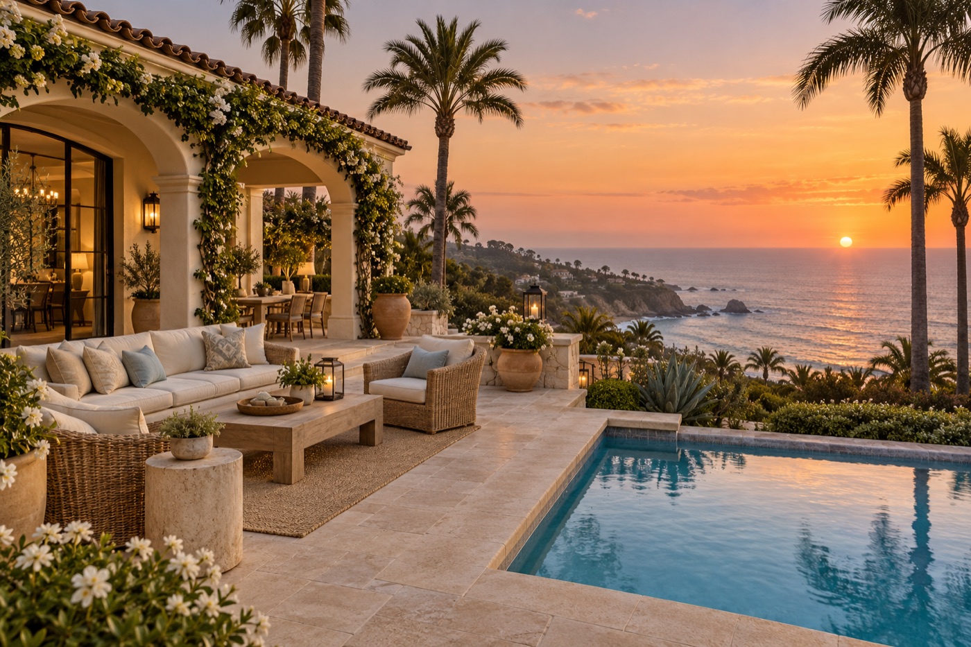A welcoming terrace and pool at a coastal vacation home